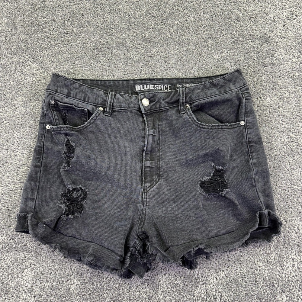 Blue Spice Shorts Juniors 15 Black High Waist Distressed Cutoff Frayed Stretch